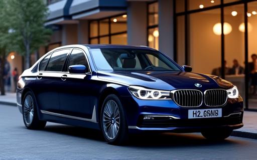 A dark blue BMW 7 Series luxury sedan