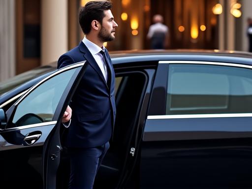 A professional chauffeur opening the rear door of a luxury sedan.