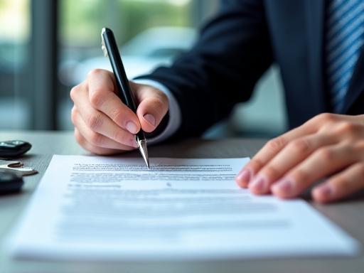 A person signing a lease document for a car.